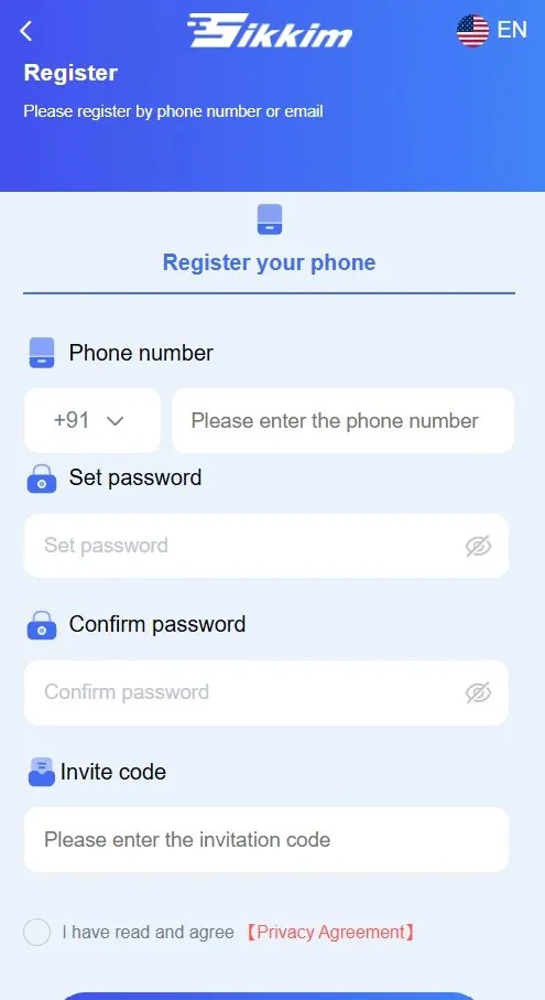 Sikkim game registration page